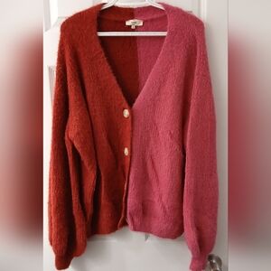 ENTRO Oversized Colorblock Fuzzy Cardigan Large – Hot Pink & Red Balloon Sleeves